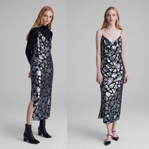 Club Monaco Silk Slip Jacquard Midi Dress Floral Sleeveless Cowl Wedding Guest